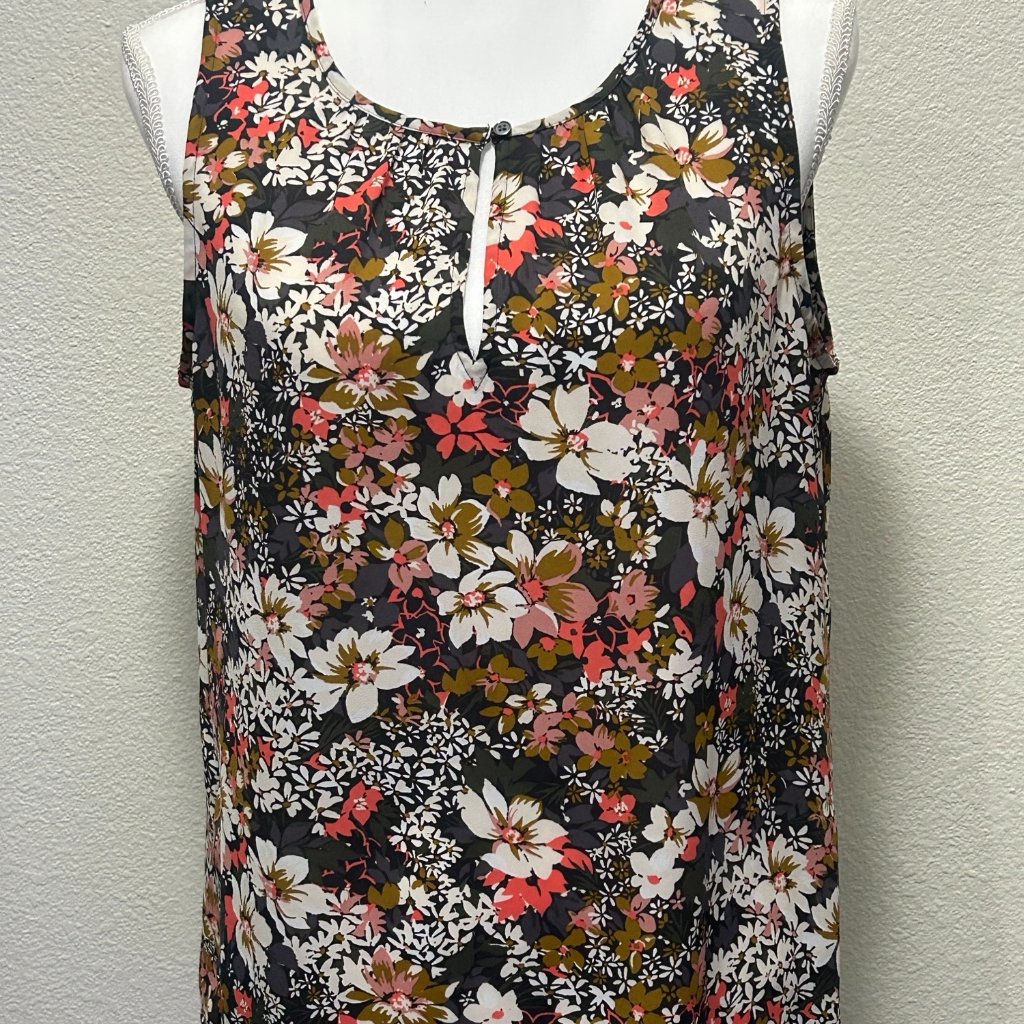 Loft Outlet Gray Floral Sleeveless Blouse, Front Button Peephole Closure, Medium